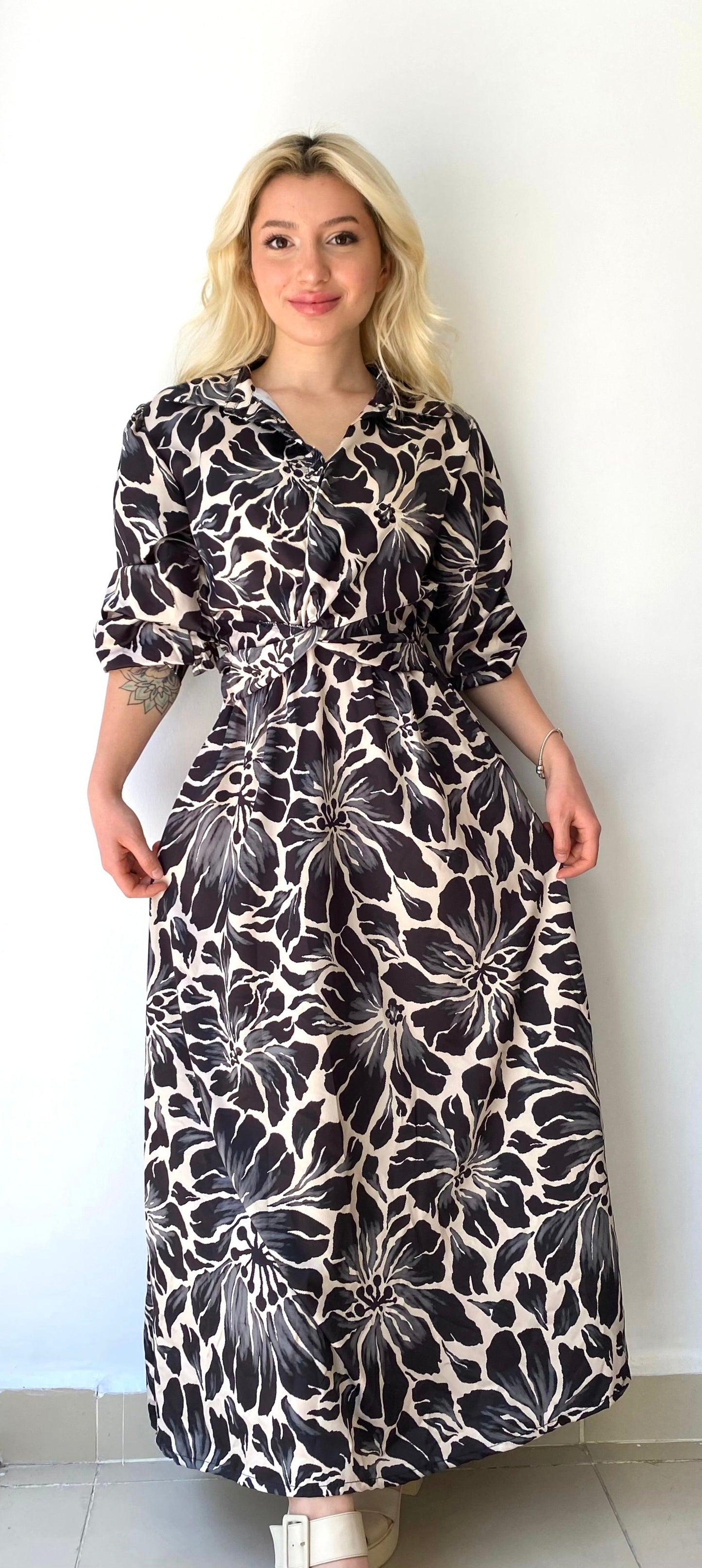 Çiçek Desenli, Beli Lastikli, Uzun Elbise