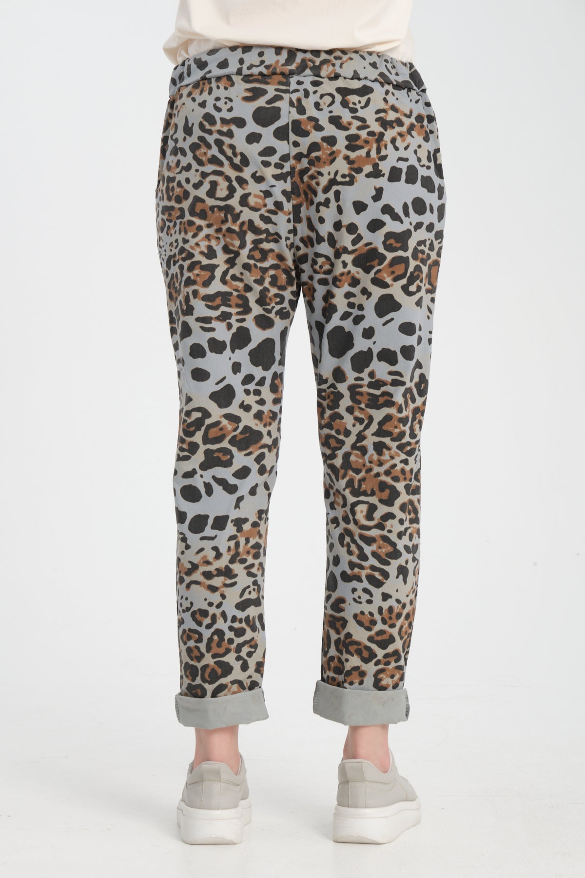 Gri, Leopar Desenli, Beli Lastikli, Cepli, Jogger Pantolon