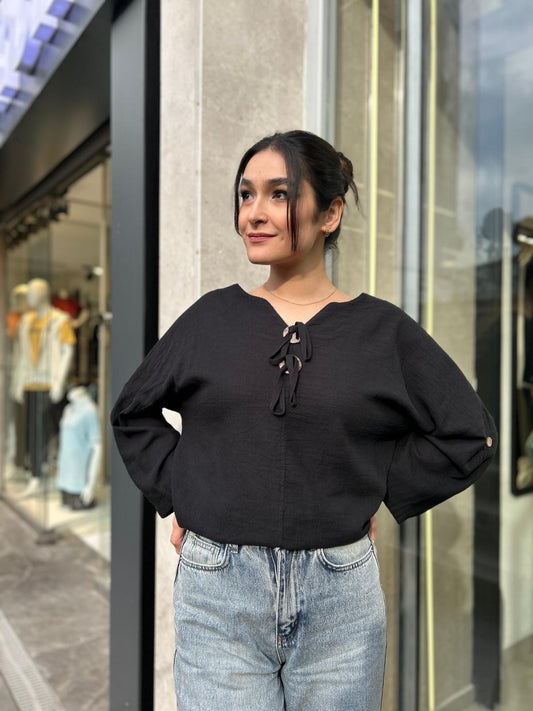 Siyah, %100 Pamuk, Bağcık Detaylı, Dokulu Bluz/Gömlek / STD Beden, 36/42