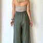 Haki, %100 Keten, Çizgili, Beli Lastikli, Cepli, Bol Paça Pantolon