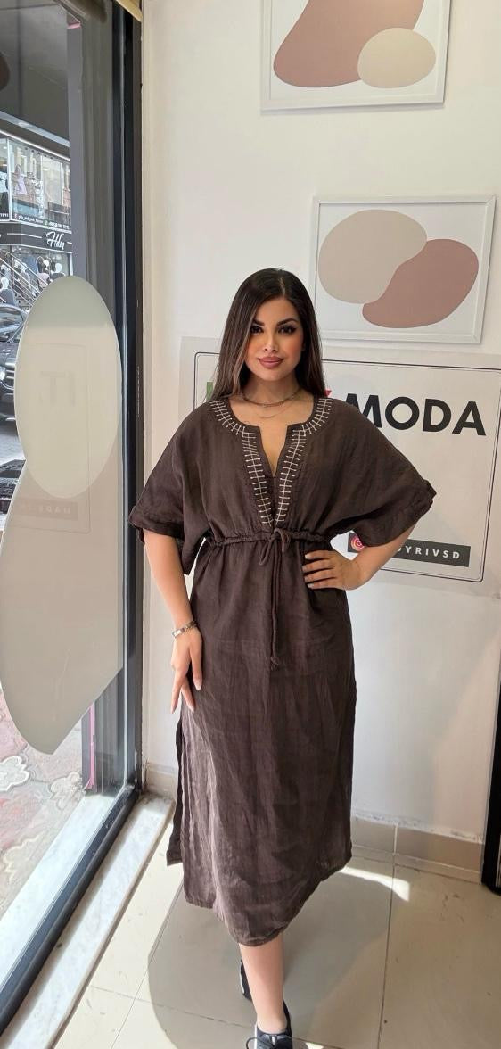Kahve, %100 Keten, V Yaka, Eteği Yanlardan Yırtmaçlı, İtalyan Kimono Elbise / STD Beden-38/46
