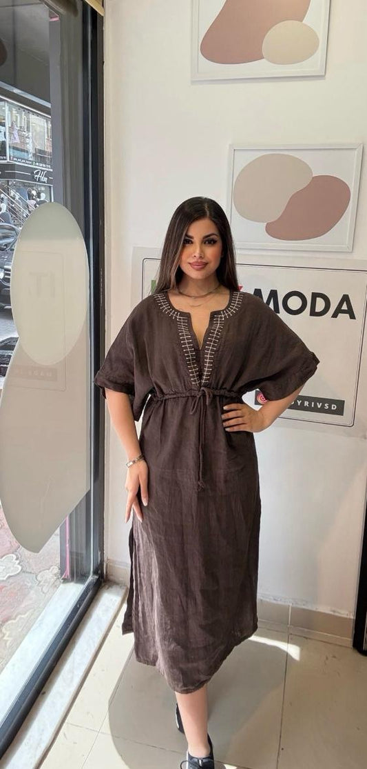 Kahve, %100 Keten, V Yaka, Eteği Yanlardan Yırtmaçlı, İtalyan Kimono Elbise / STD Beden-38/46