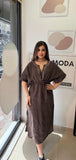 Kahve, %100 Keten, V Yaka, Eteği Yanlardan Yırtmaçlı, İtalyan Kimono Elbise / STD Beden-38/46