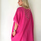Fuşya Pembe, Sırtı Örgü Dantelli, Cepli, Keten-Pamuk Oversize Elbise