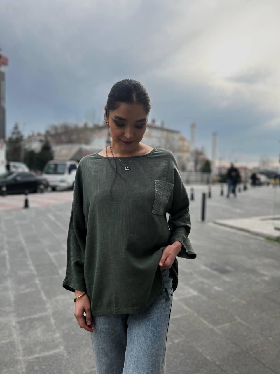 Haki, %100 Pamuk, Cep Kısmı Payet İşli, Beli İp Ayarlı, Dokulu Bluz/Gömlek / STD Beden, 36/42