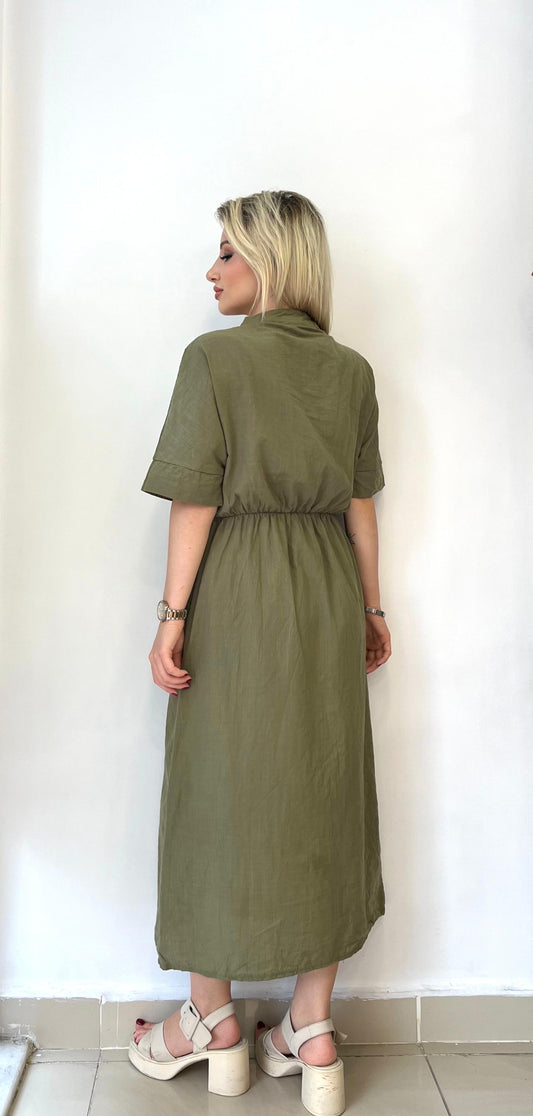 Haki, %100 Pamuk, Beli İp Bağlamalı, Cepli Elbise