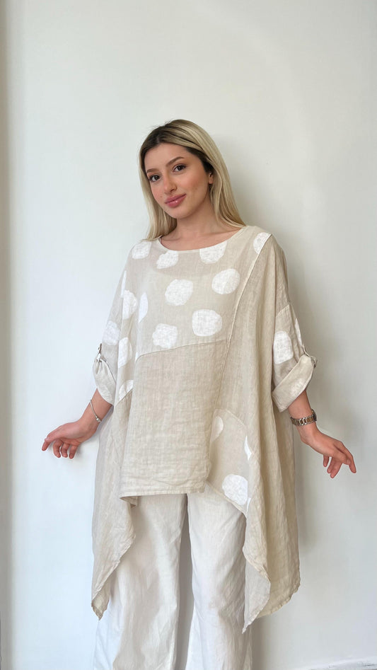 Bej, Puantiyeli, Oversize Keten Bluz