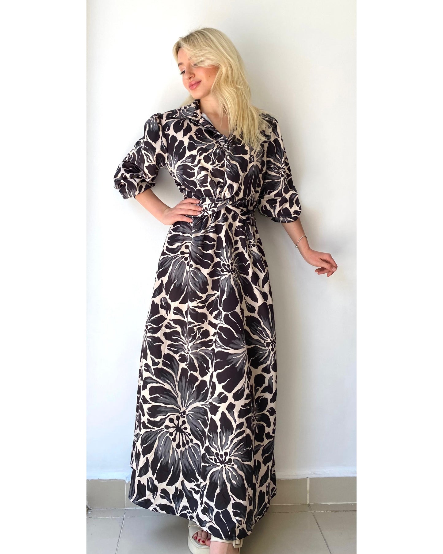 Çiçek Desenli, Beli Lastikli, Uzun Elbise