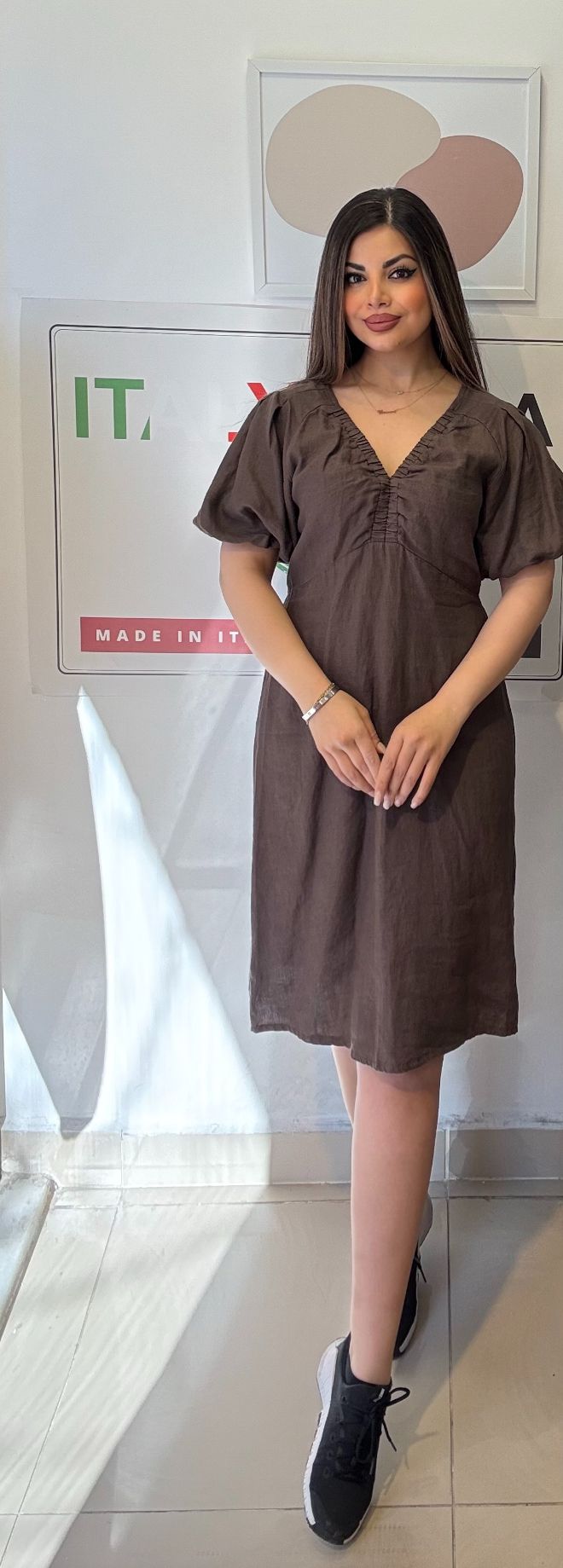 Kahve, %100 Keten, V Yaka, İtalyan Elbise / STD Beden-38/46