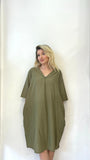 Haki, %100 Pamuk, Cepli, V Yaka Elbise