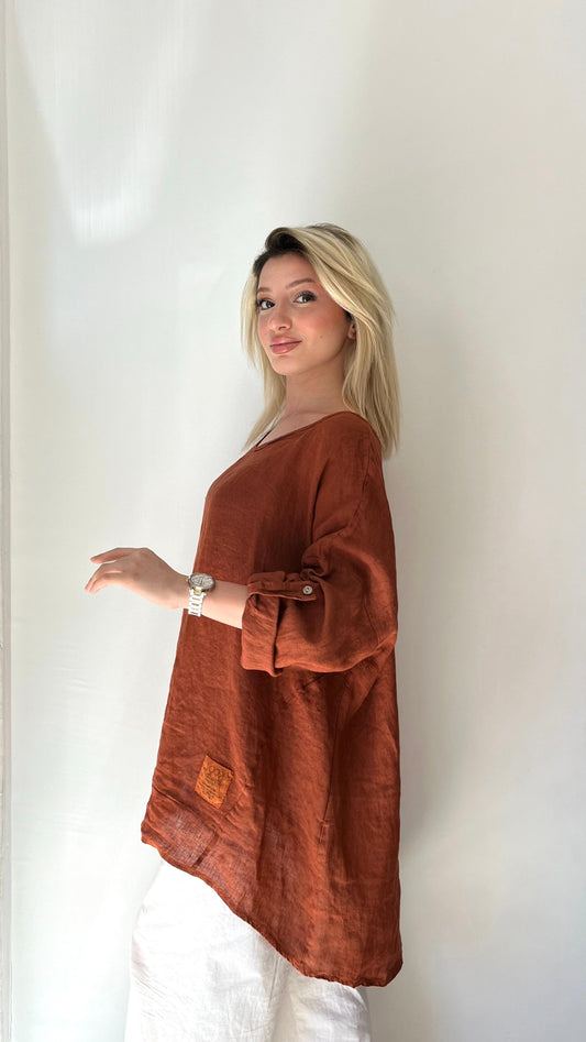 Kiremit Tarçın, %100 Keten, Çiçek Detaylı, Arkası Uzun Bluz