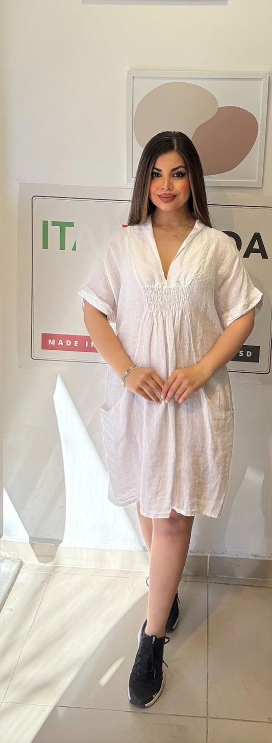 Beyaz, %100 Keten, V Yaka, Cepli, Gipeli, İtalyan Elbise / STD Beden-38/46