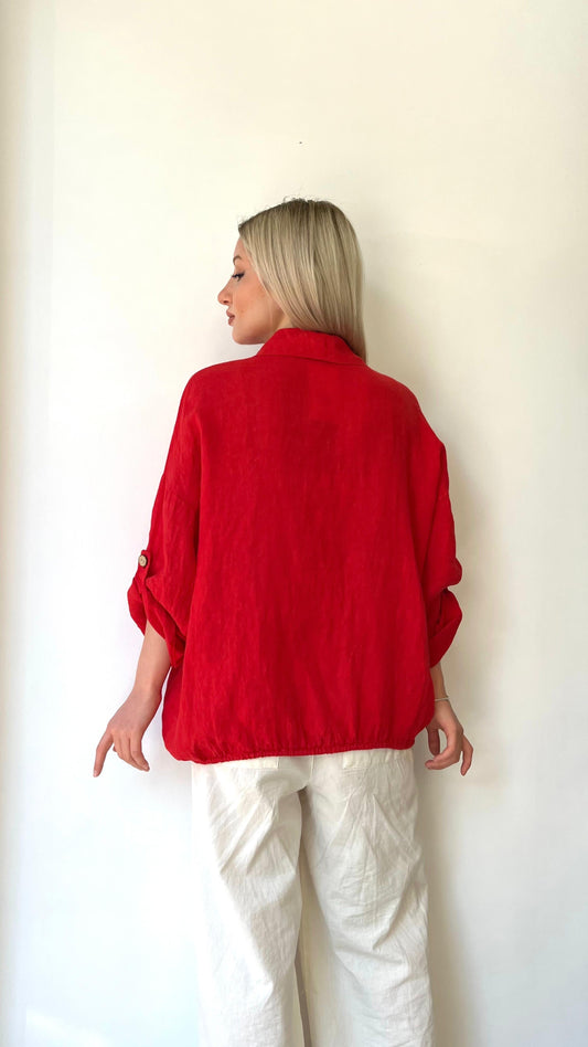 Kırmızı, %100 Keten, Beli İp Bağlamalı Gömlek