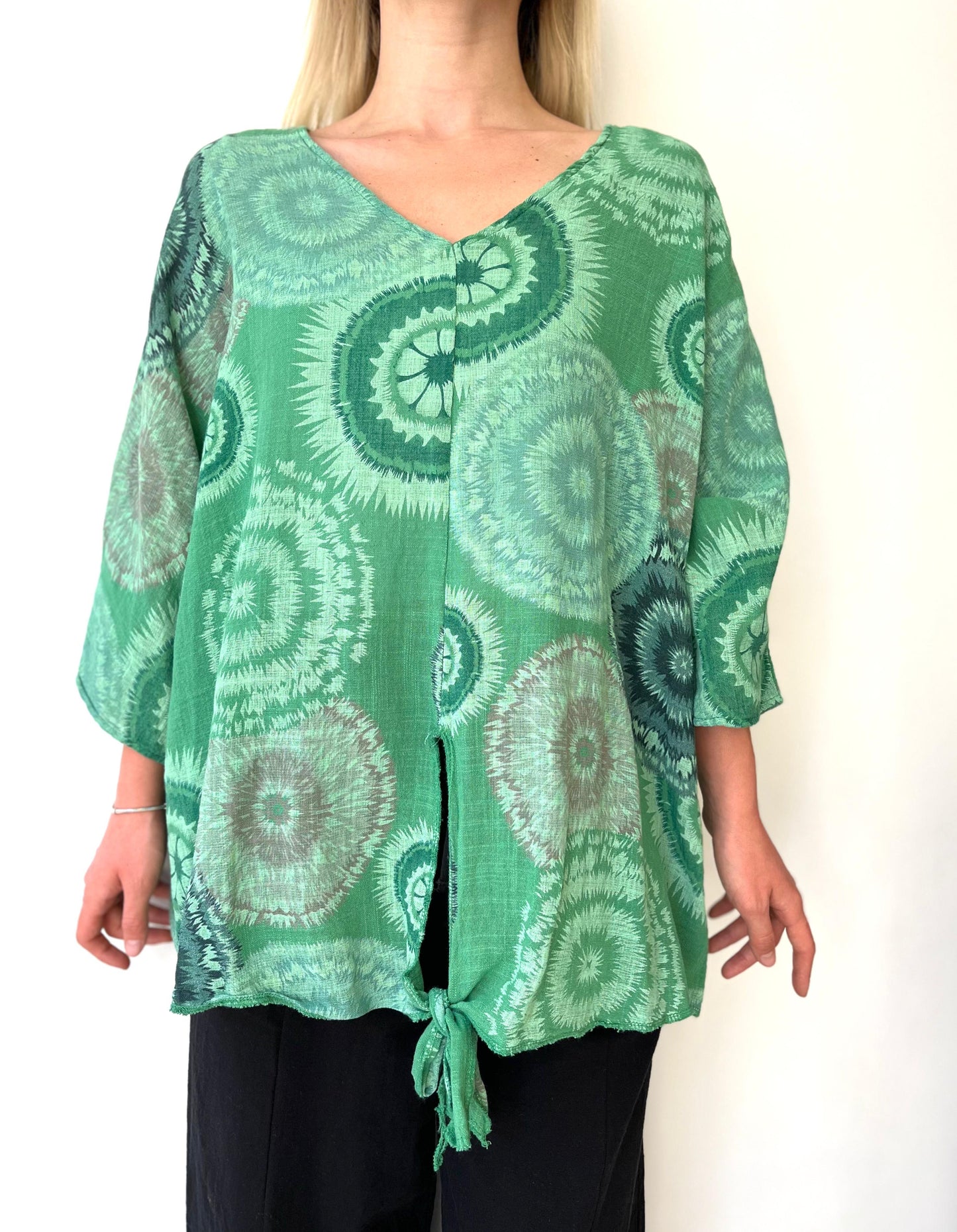 Yeşil, Batik Desenli, %100 Pamuk, Oversize Bluz