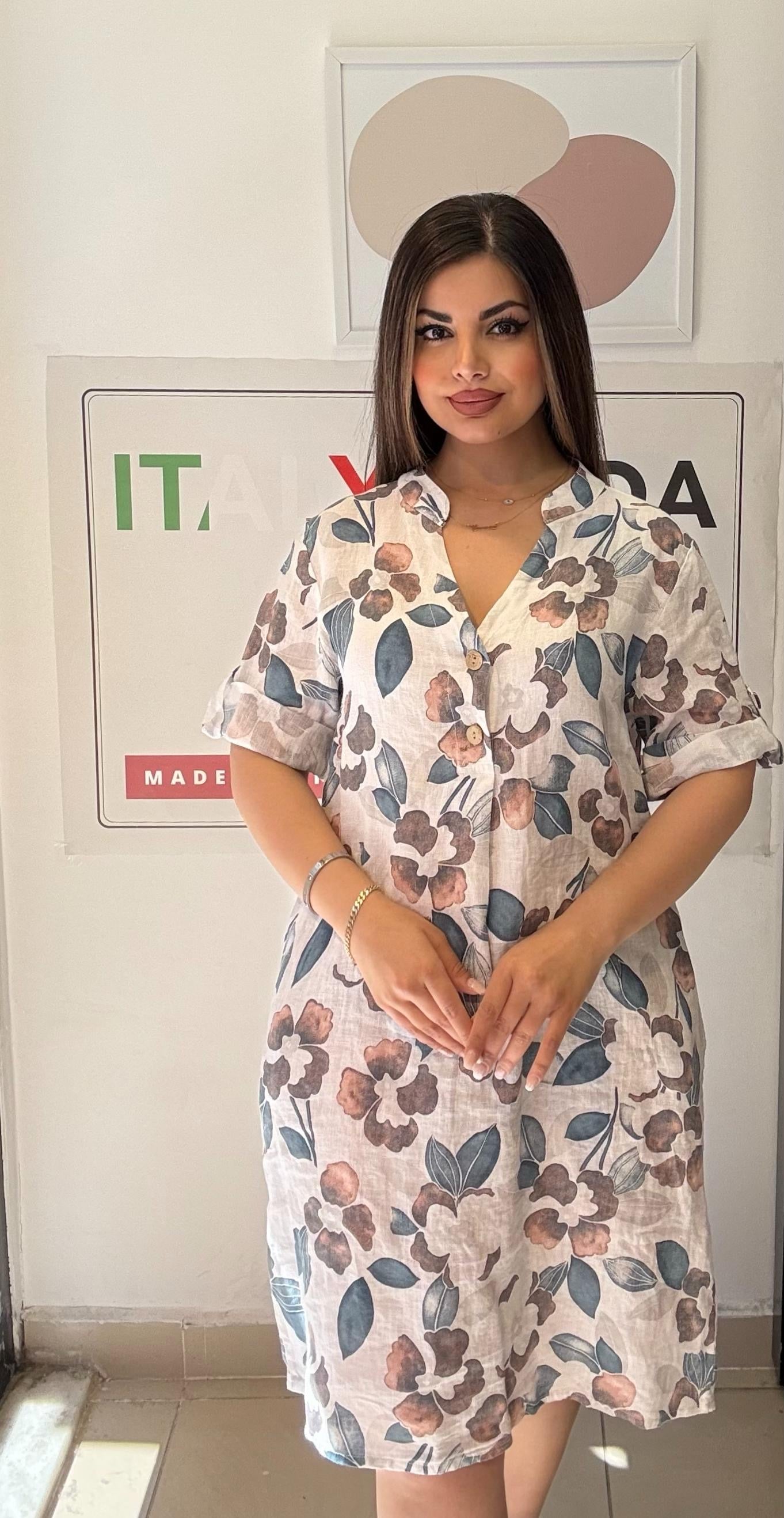 Beyaz, Çiçekli, %100 Keten İtalyan Elbise, Bol Kesim, V Yaka, Cepli / STD Beden-38/46