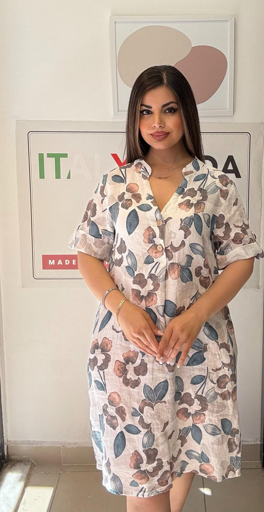 Beyaz, Çiçekli, %100 Keten İtalyan Elbise, Bol Kesim, V Yaka, Cepli / STD Beden-38/46