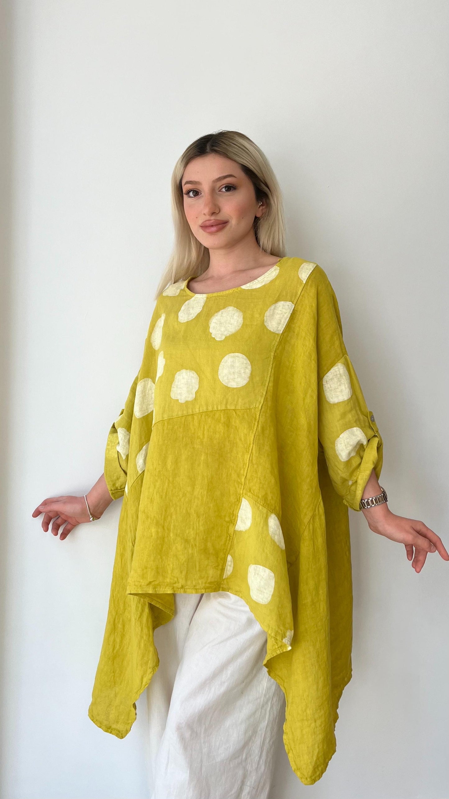 Sarı, Puantiyeli, Oversize Keten Bluz