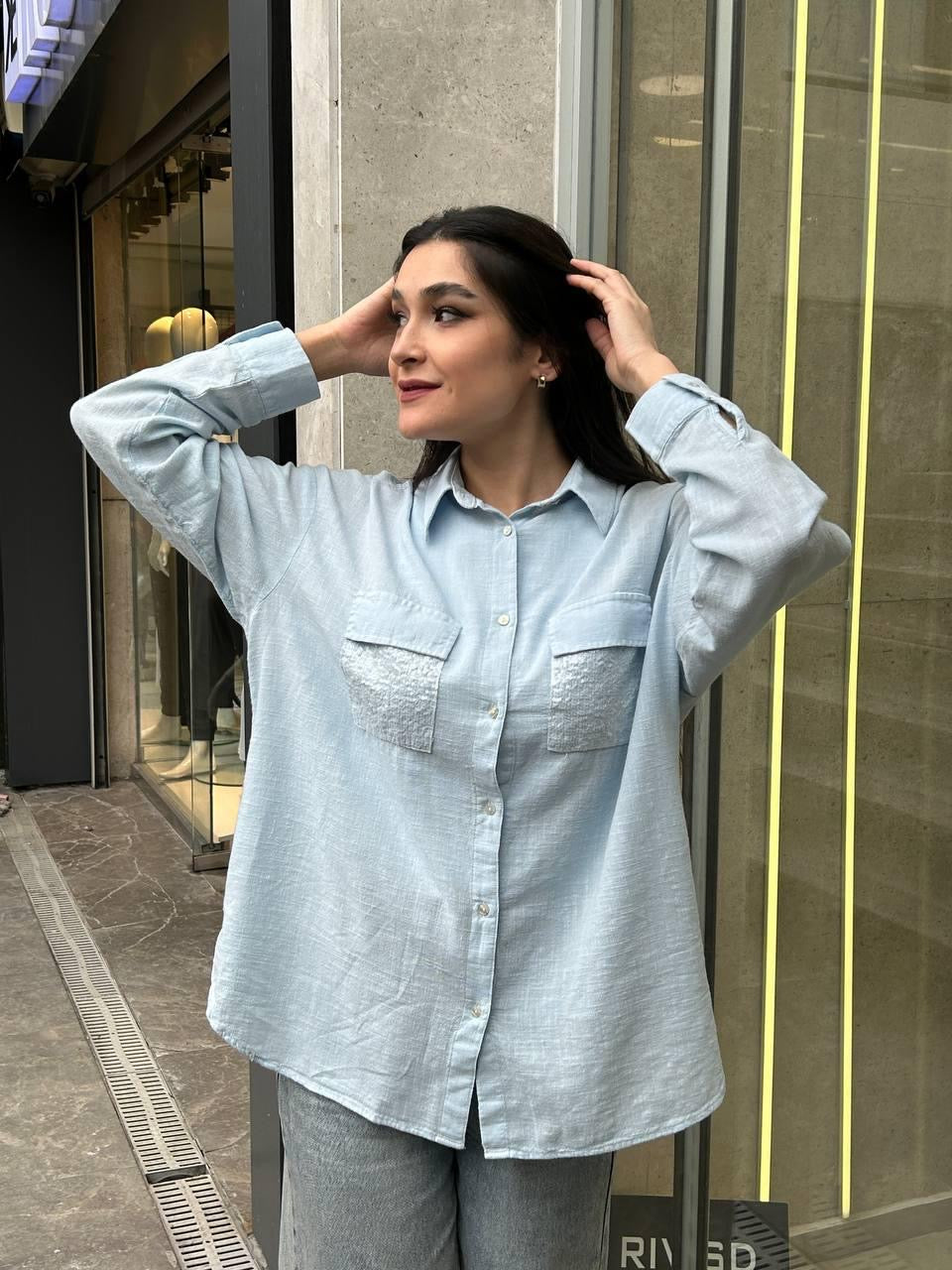 Mavi, %100 Pamuk, Cep Kısmı Payet İşli, Dokulu Gömlek / STD Beden, 36/42