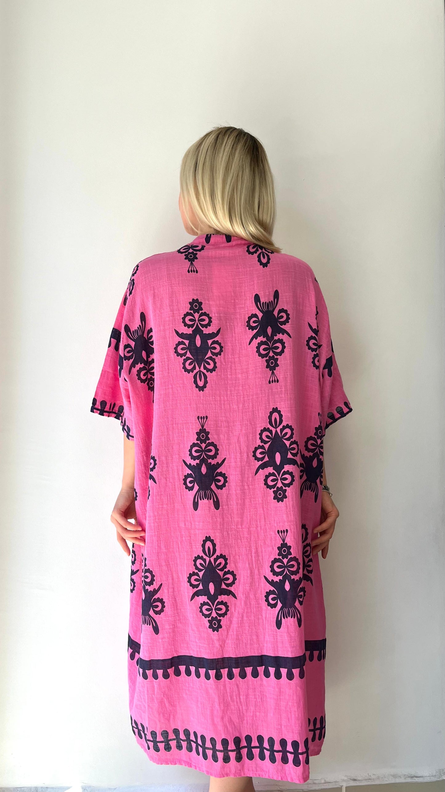 Pembe, %100 Pamuk, Oversize, V Yaka, Kısa Kol Elbise