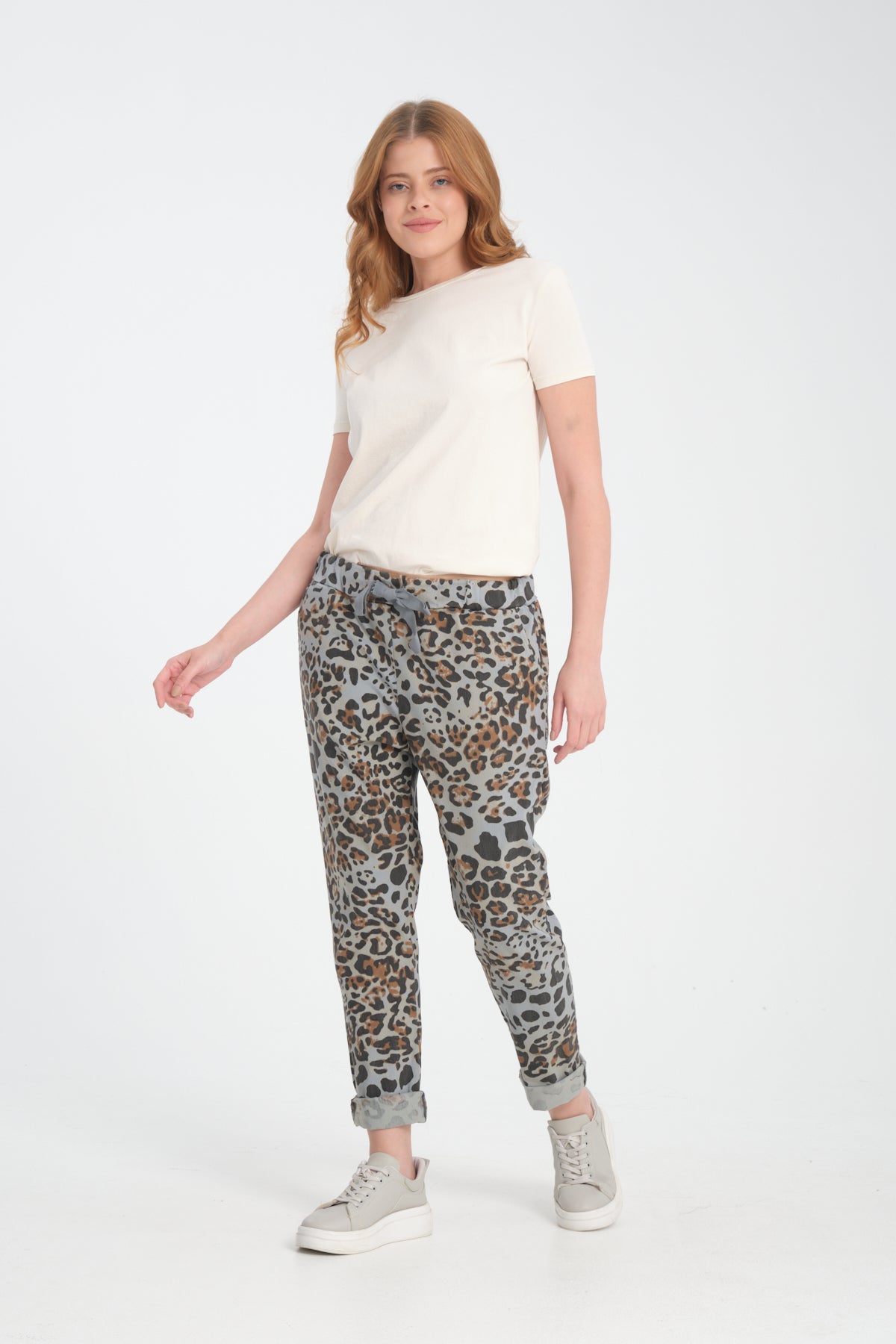 Gri, Leopar Desenli, Beli Lastikli, Cepli, Jogger Pantolon