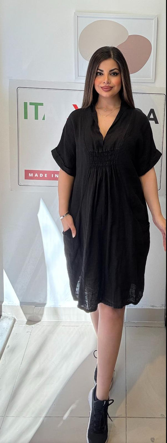 Siyah, %100 Keten, V Yaka, Cepli, Gipeli, İtalyan Elbise / STD Beden-38/46