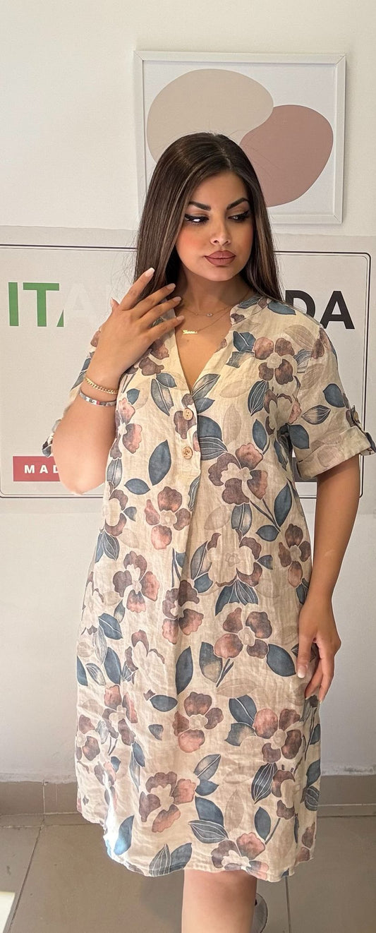 Bej, Çiçekli, %100 Keten İtalyan Elbise, Bol Kesim, V Yaka, Cepli / STD Beden-38/46