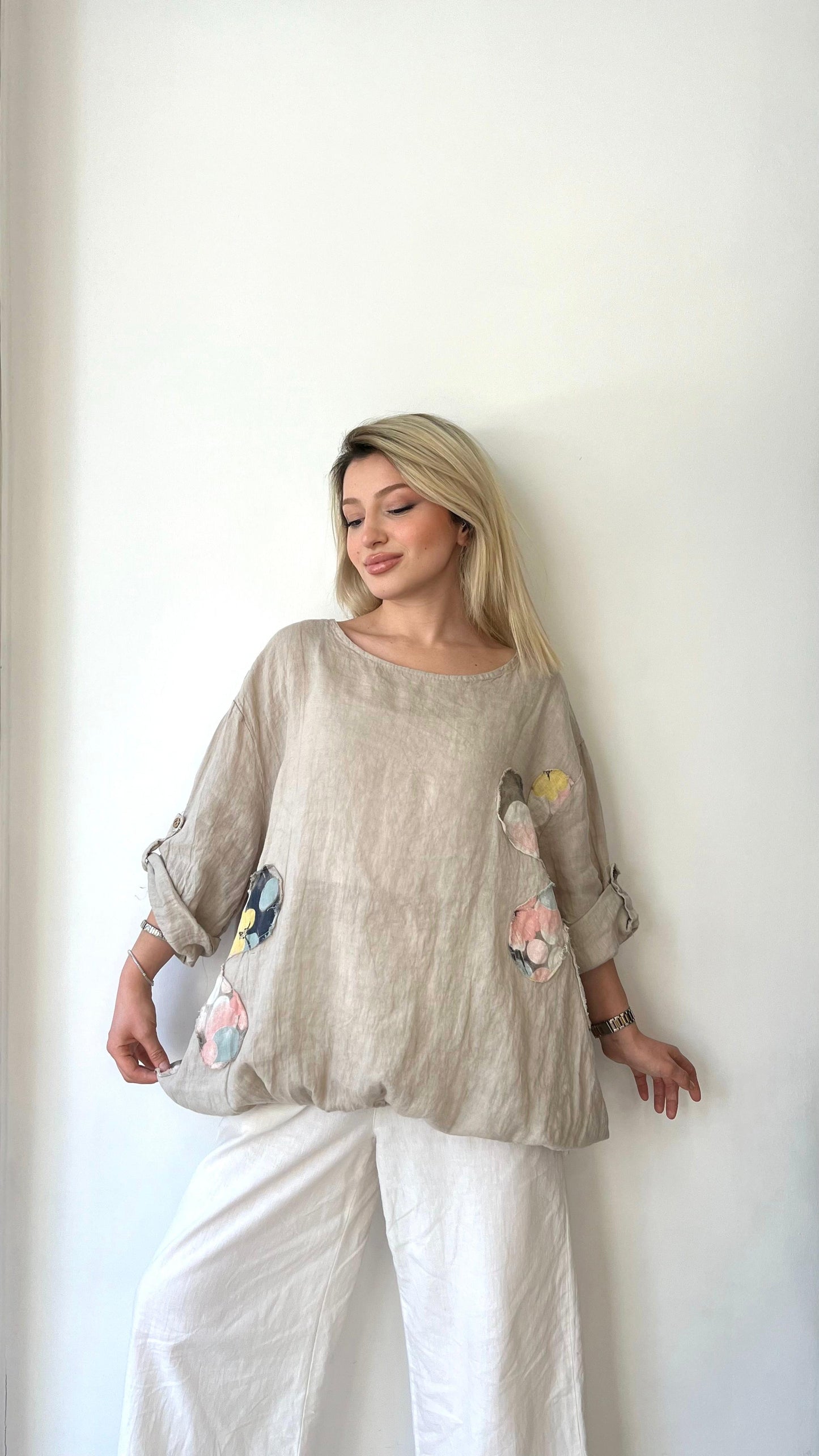 Bej, %100 Keten, Beli İp Bağlamalı, Çiçek Baskılı Gömlek