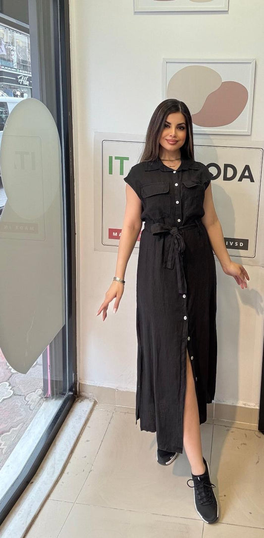 Siyah, %100 Keten, Eteği Yanlardan Yırtmaçlı, İtalyan Gömlek Elbise / STD Beden-38/46