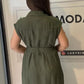 Haki, %100 Keten, Eteği Yanlardan Yırtmaçlı, İtalyan Gömlek Elbise / STD Beden-38/46