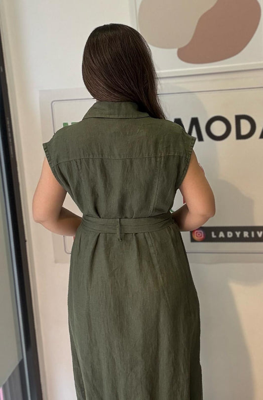 Haki, %100 Keten, Eteği Yanlardan Yırtmaçlı, İtalyan Gömlek Elbise / STD Beden-38/46