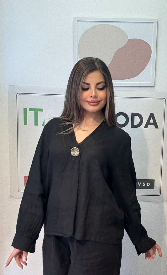 Siyah, %100 Keten, V Yaka Düğme Detaylı Gömlek, STD Beden, 38-46