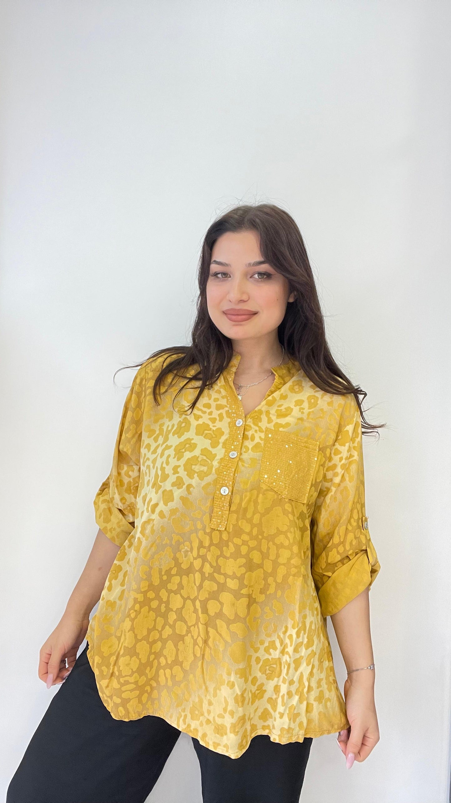 Sarı, %100 Viskon, Dalgalı Leopar Desenli, Payetli Gömlek