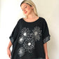 Siyah, Çiçek Desenli, Pamuk-Keten, Oversize, Payetli Bluz