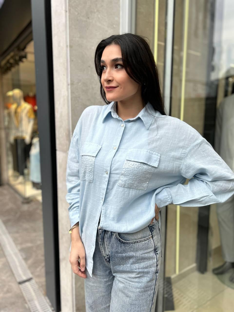 Mavi, %100 Pamuk, Cep Kısmı Payet İşli, Dokulu Gömlek / STD Beden, 36/42