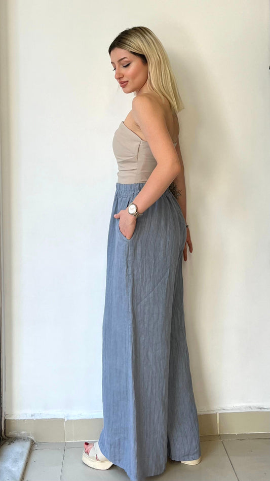 İndigo Mavi, %100 Keten, Çizgili, Beli Lastikli, Cepli, Bol Paça Pantolon