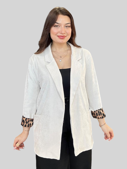 Ekru, Leopar Desen Astarlı, Süet Dokulu Ceket