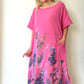 Pembe, %100 Pamuk, Çiçek Baskılı, Yan Yırtmaçlı, Oversize, Uzun Elbise