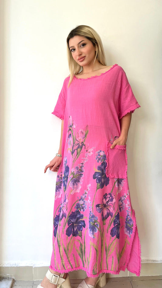 Pembe, %100 Pamuk, Çiçek Baskılı, Yan Yırtmaçlı, Oversize, Uzun Elbise