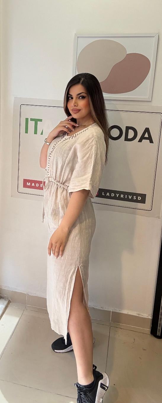 Bej, %100 Keten, V Yaka, Eteği Yanlardan Yırtmaçlı, İtalyan Kimono Elbise / STD Beden-38/46