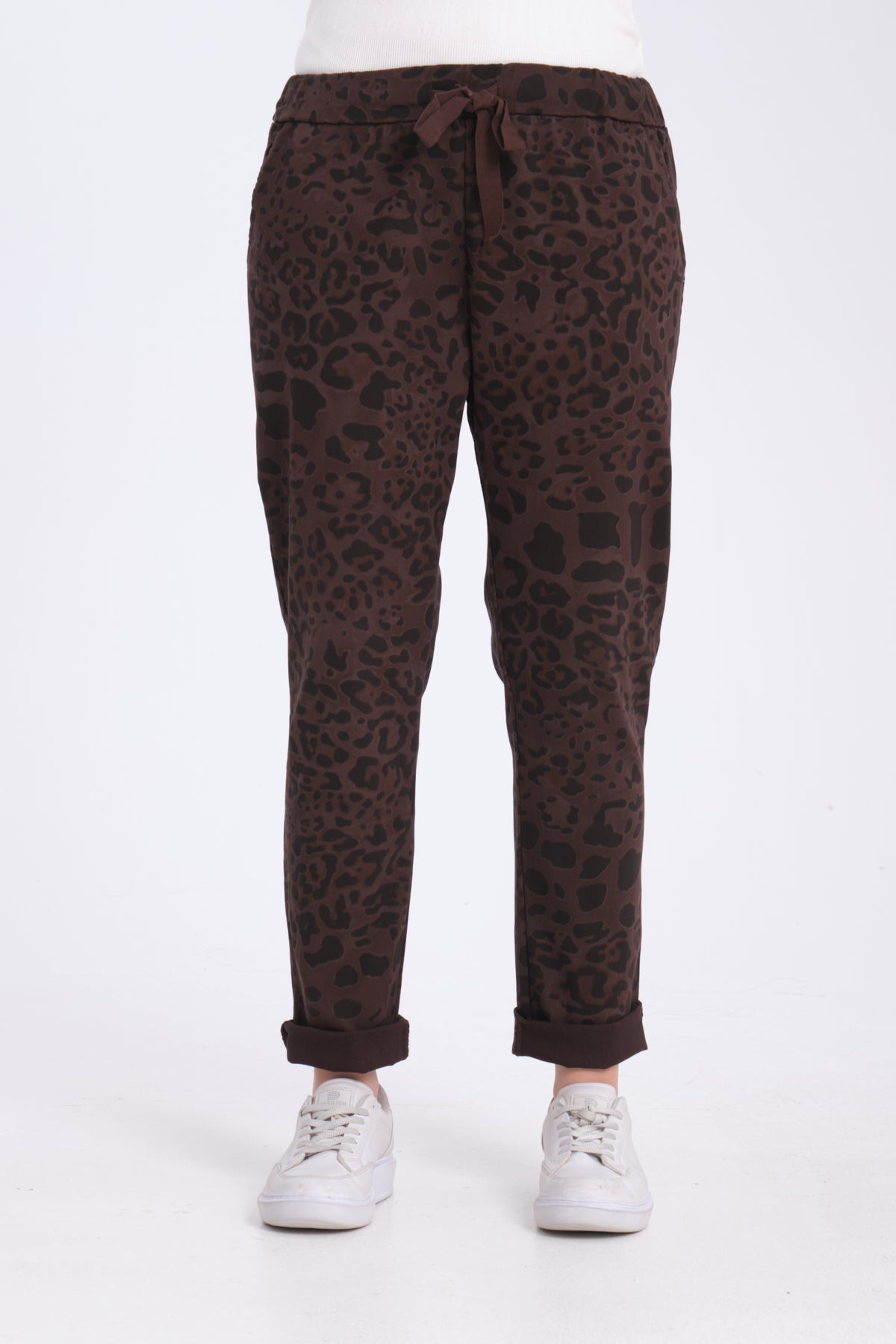 Koyu Kahve, Leopar Desenli, Beli Lastikli, Cepli, Jogger Pantolon