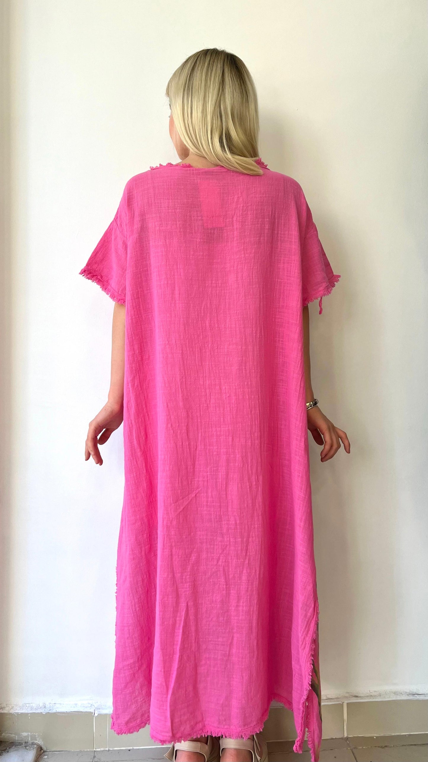 Pembe, %100 Pamuk, Çiçek Baskılı, Yan Yırtmaçlı, Oversize, Uzun Elbise