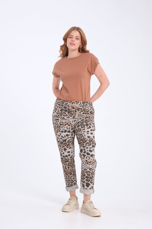 Bej, Leopar Desenli, Beli Lastikli, Cepli, Jogger Pantolon