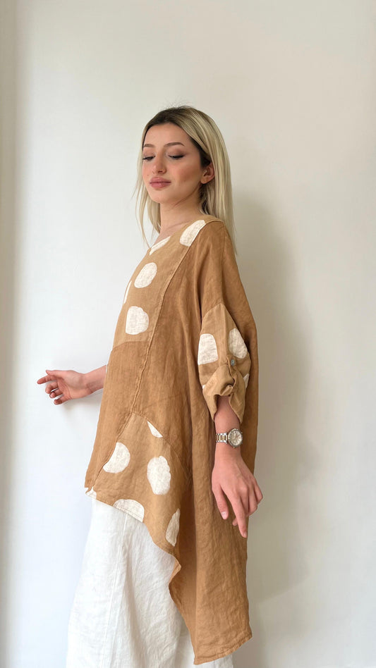 Camel, Puantiyeli, Oversize Keten Bluz