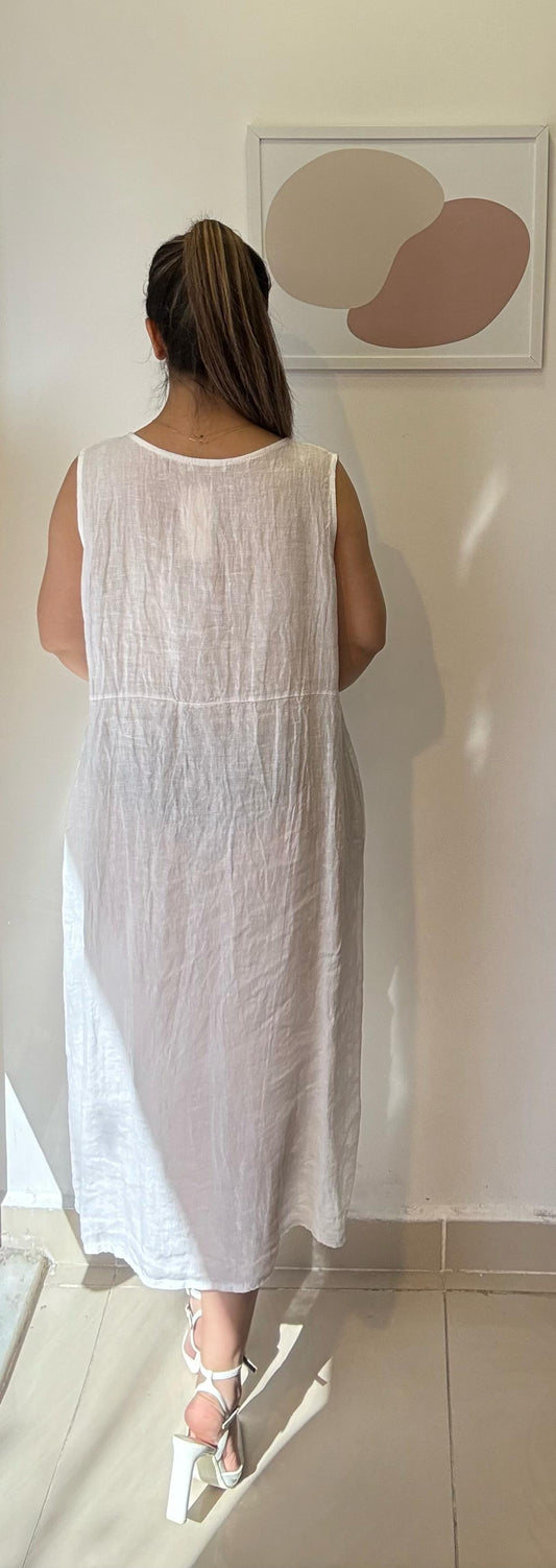 Beyaz, %100 Keten, Düğme Detaylı Elbise, STD Beden, 38-46