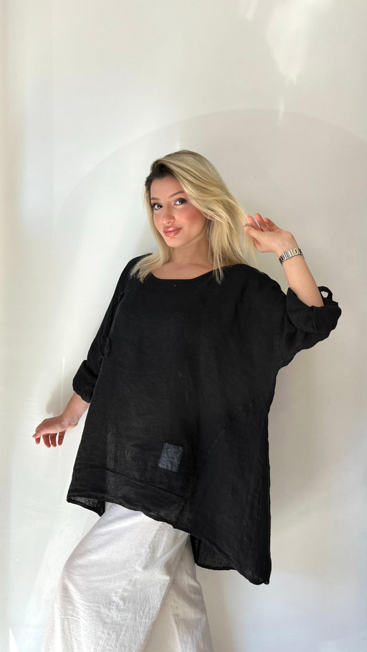 Siyah, %100 Keten, Çiçek Detaylı, Arkası Uzun Bluz