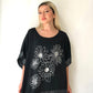 Siyah, Çiçek Desenli, Pamuk-Keten, Oversize, Payetli Bluz