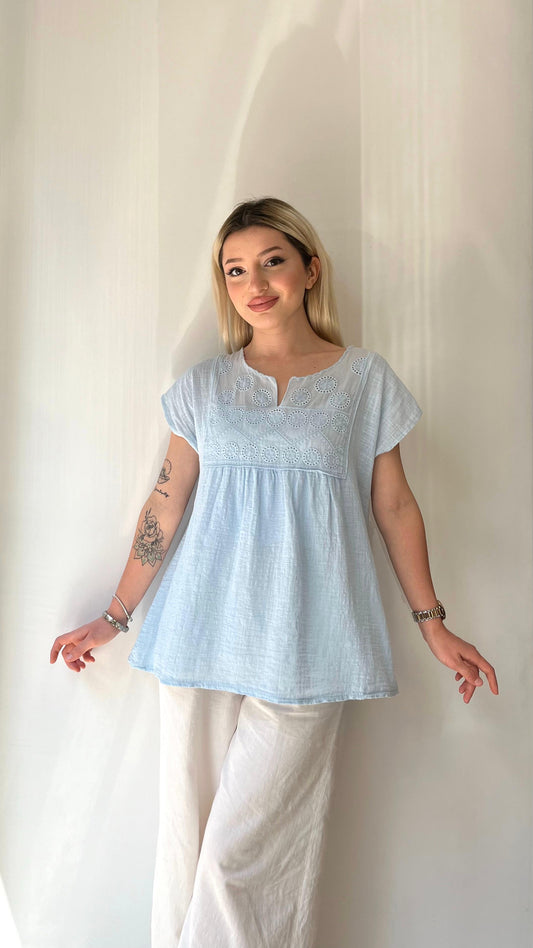 Açık Mavi, %100 Pamuk, Önü Fisto Dantelli Bluz