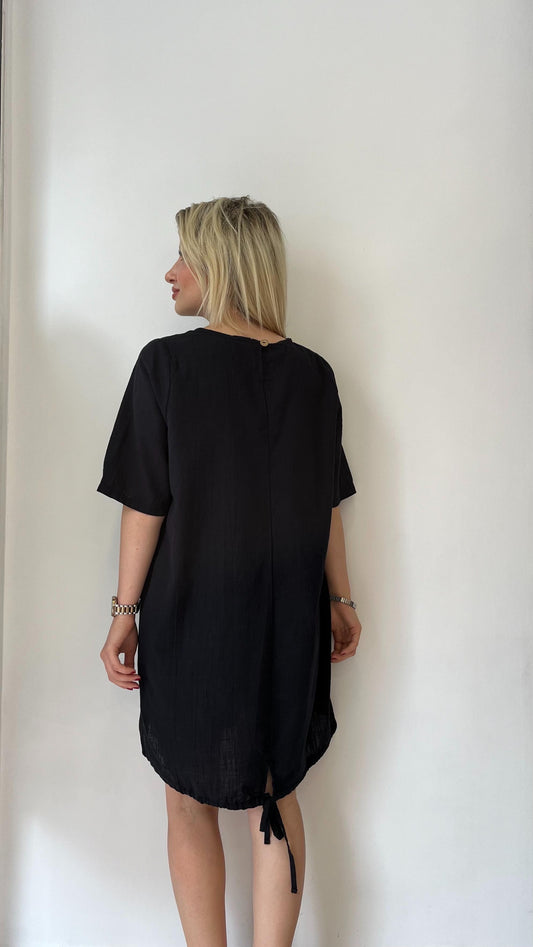 Siyah, %100 Pamuk, Etek Kısmı İp Ayarlı, Cepli, Kısa Elbise