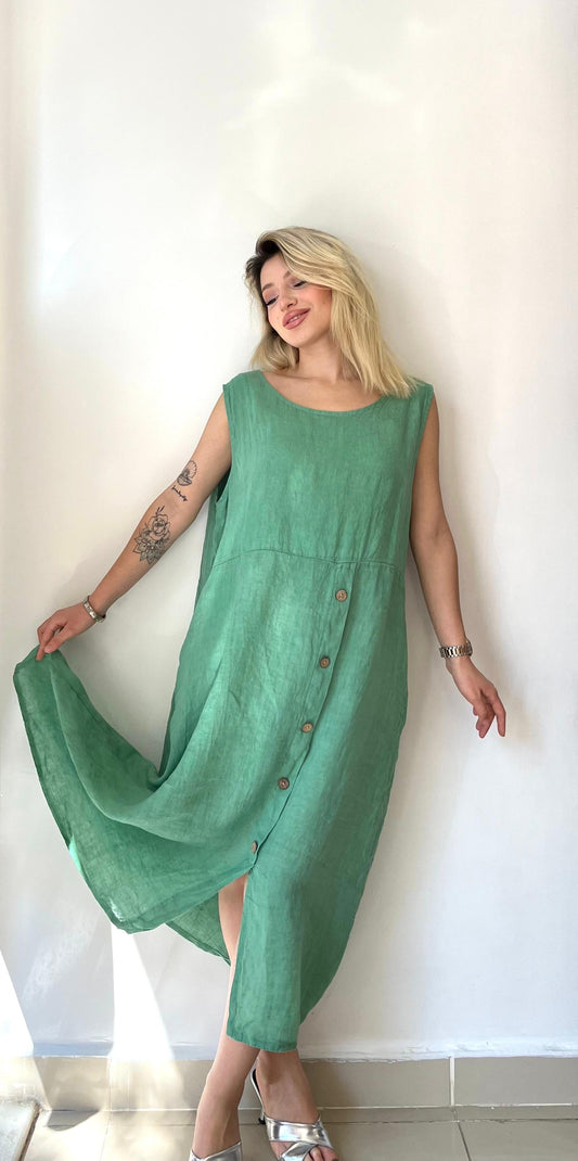 Yeşil, %100 Keten, Düğme Detaylı Elbise, STD Beden, 38-46