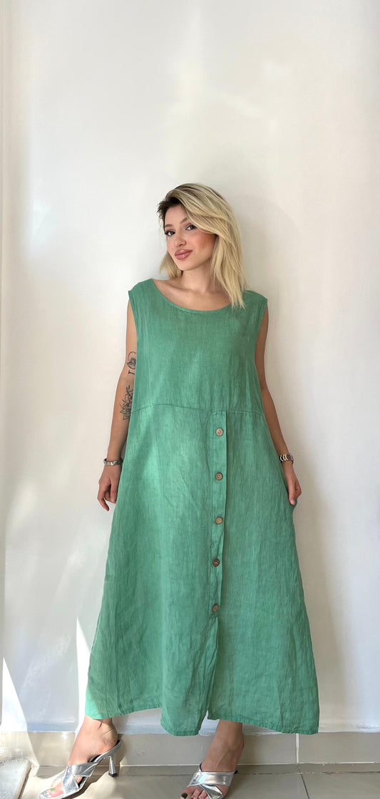 Yeşil, %100 Keten, Düğme Detaylı Elbise, STD Beden, 38-46
